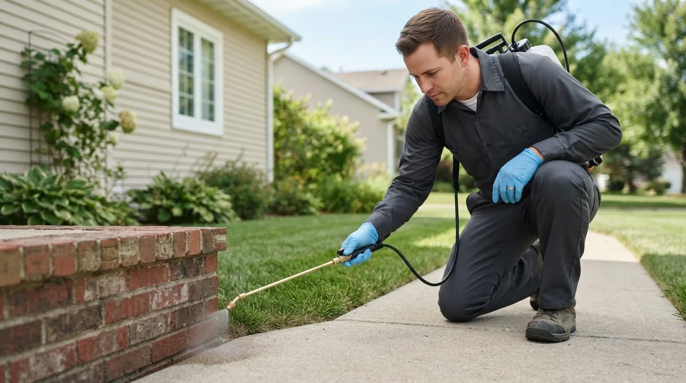 Pest control technician treating a home near Freeport, MN