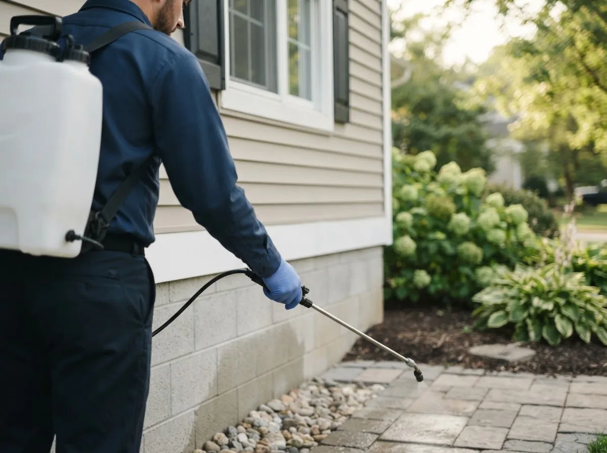 Pest control technician inspecting a home in Freeport, MN